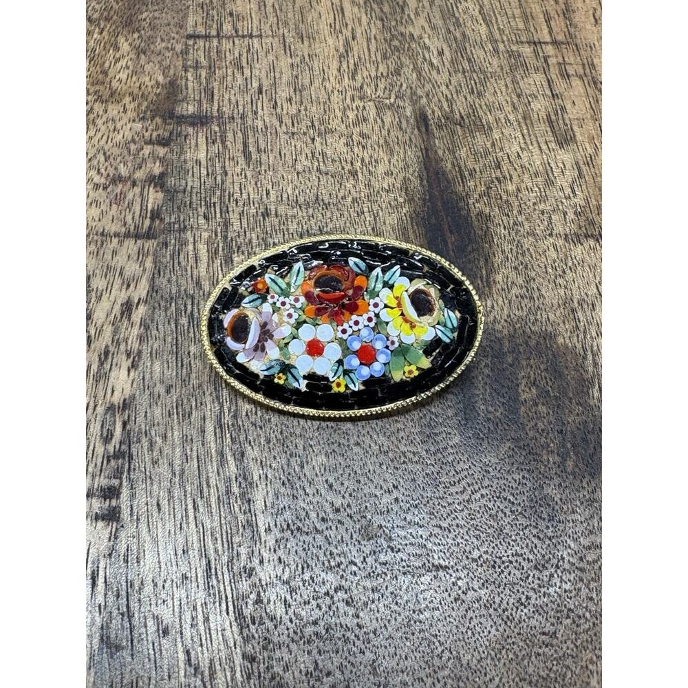Vintage Micro Glass Mosaic Floral Bouquet Oval Brooch, Made In Italy?